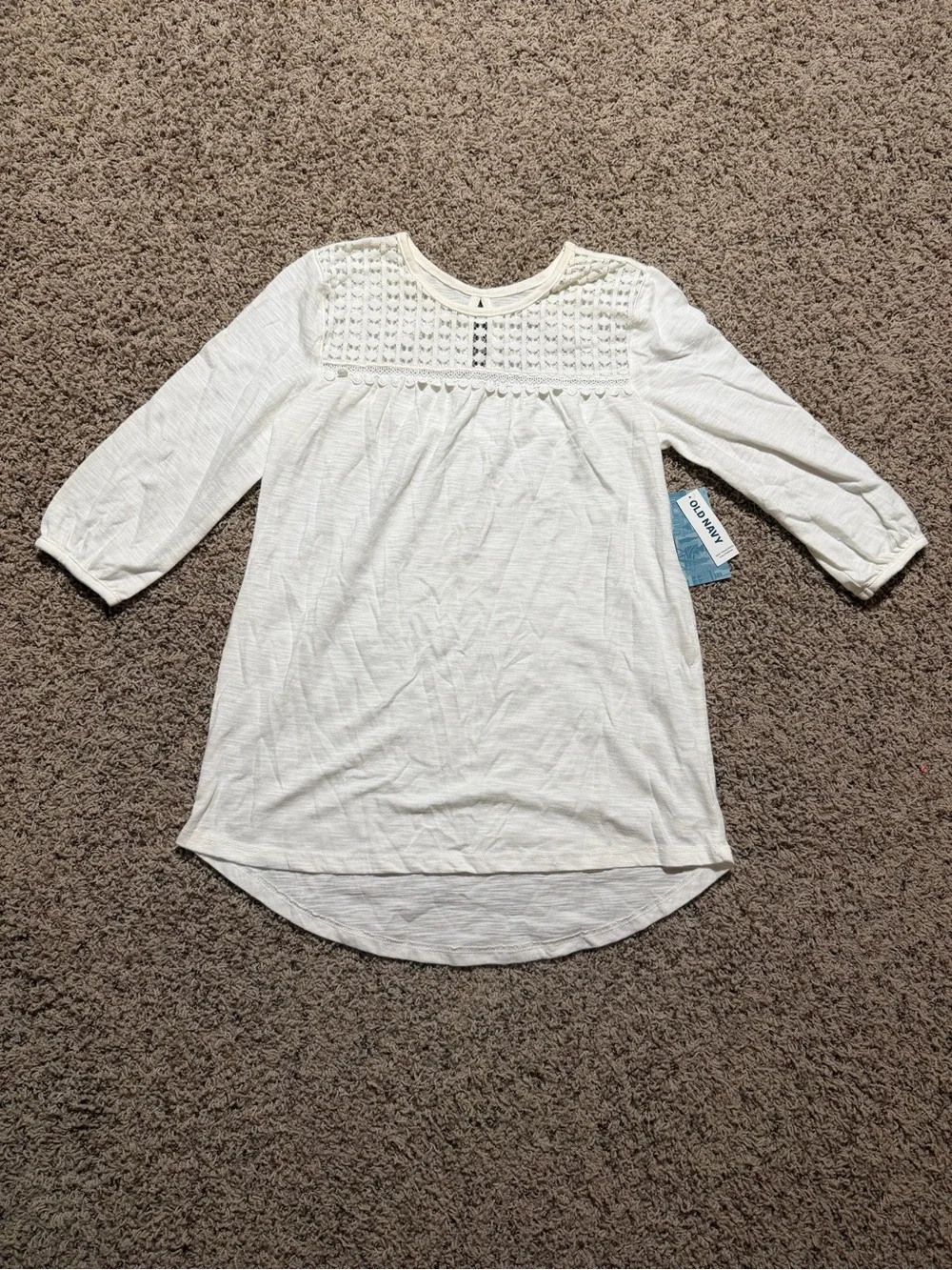NWT Old Navy Girls White Lace Yoke Tunic Top mid sleeve Size L (10-12)